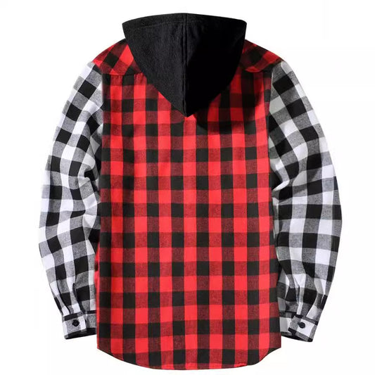 Patchwork Plaid Hooded Long-sleeved Shirt