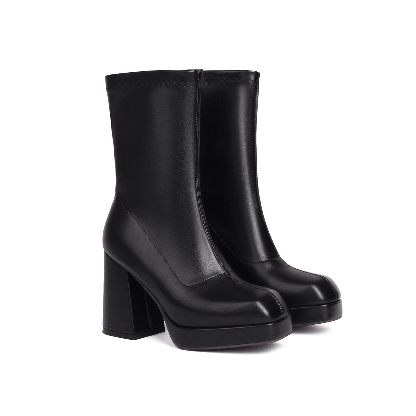 Womens High-heeled Chunky-soled Square-toe Ankle Boots
