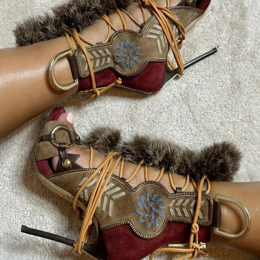 European Station Fashion Retro Metal Buckle Lace-up Color Matching Fur Stiletto Sandals