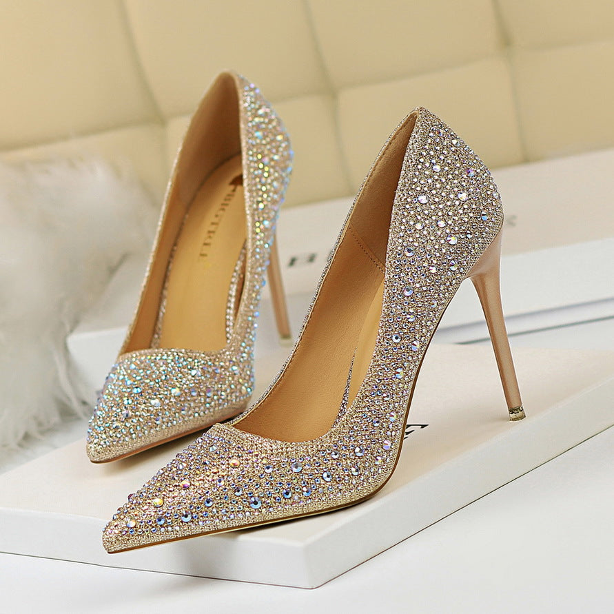 Spidse Sexede Slankende Rhinestone Farvede Diamant Højhælede Sko
