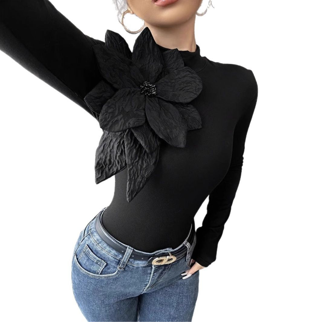 Womens Slim-fit Floral High-neck Long-sleeve Top With Diamond Accents