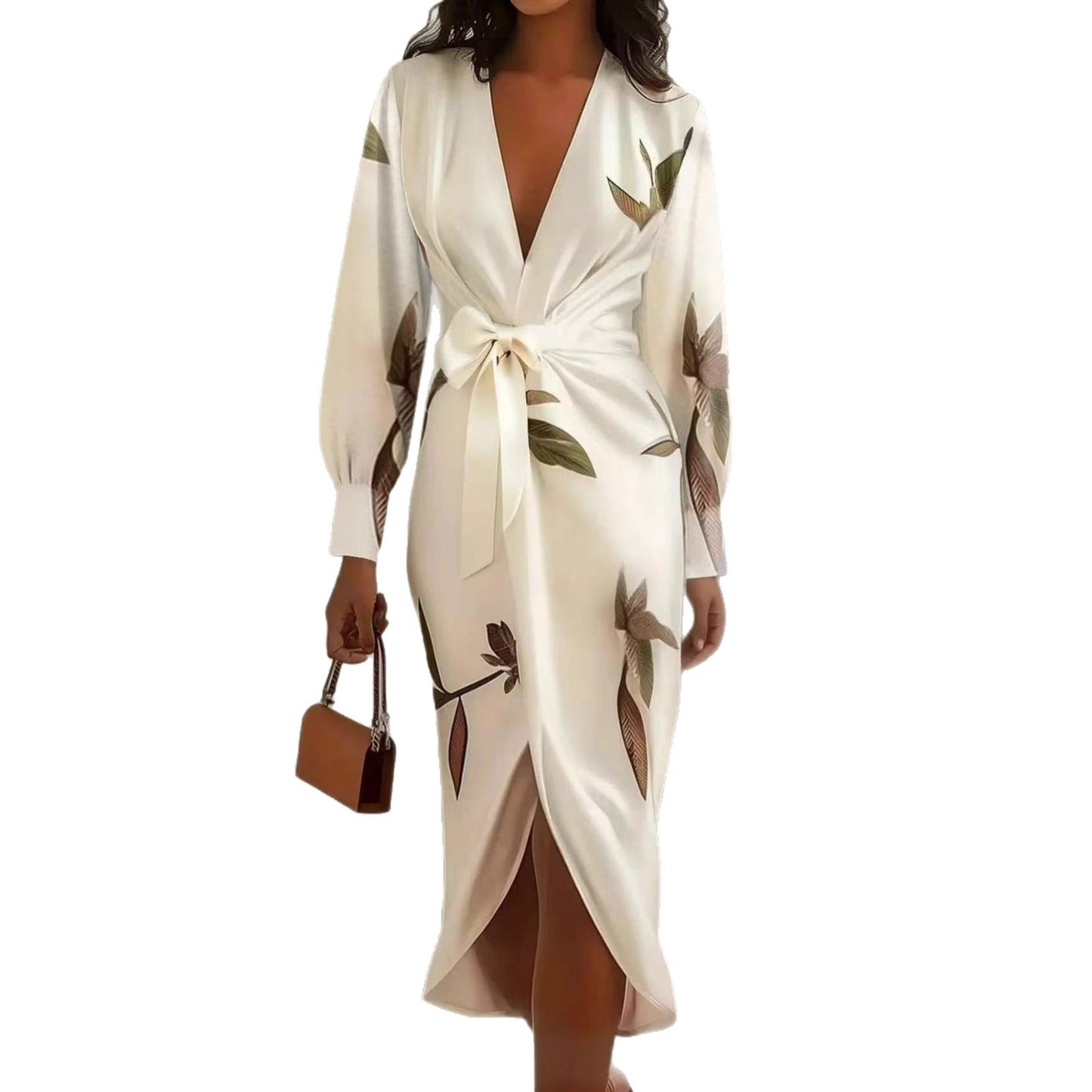V-neck Long-sleeve Lace-up Printed Maxi Dress
