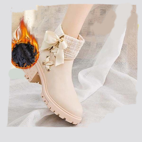 Soft Leather Spring And Autumn Bow Thick Heel Short Female Martin Boots