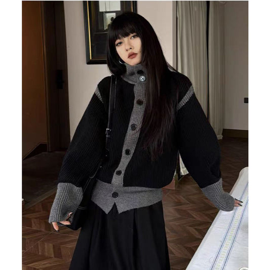 Design Sense Niche Contrast Color Thick Knit Cardigan Coat