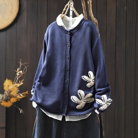 Women's Loose Retro Flower Contrasting Cotton Knit Cardigan
