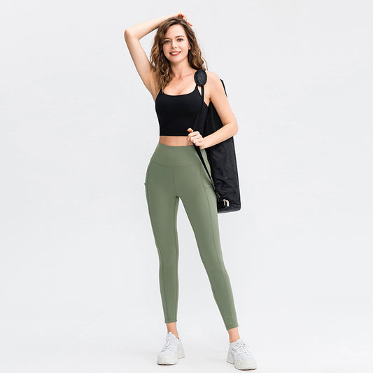 Double-sided Sanding Nude Feel Yoga Pants Pocket High Waist Hip Lift Fitness Elastic Pants