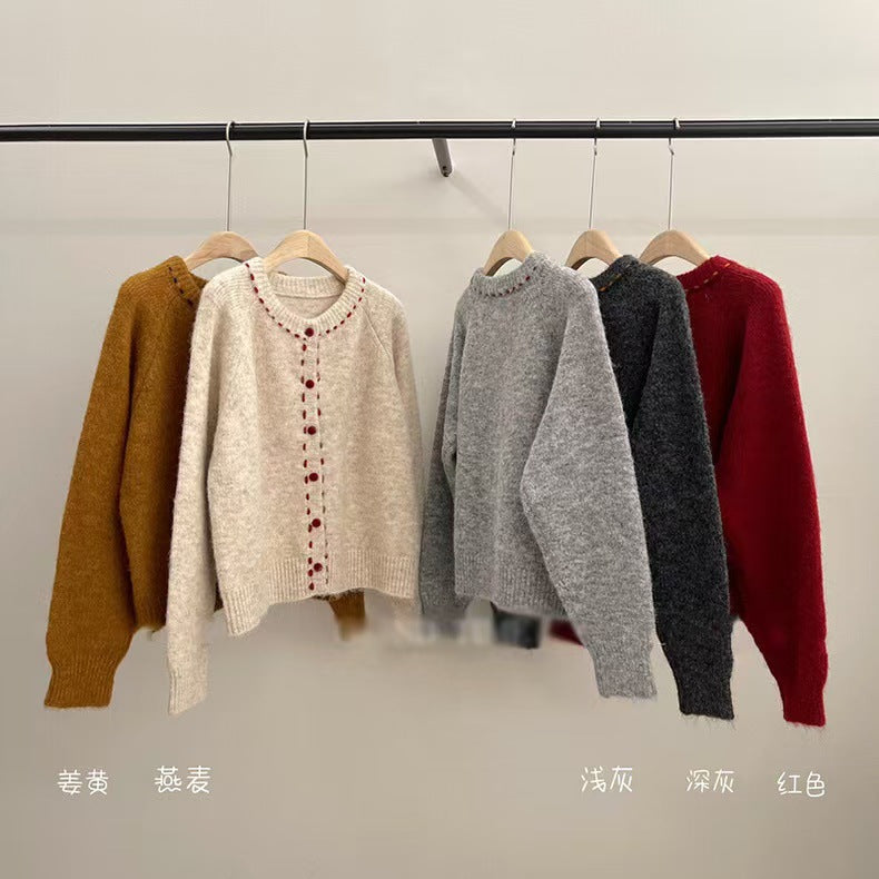 New Retro Soft Glutinous Handmade Stitching Round Neck Sweater Coat For Women