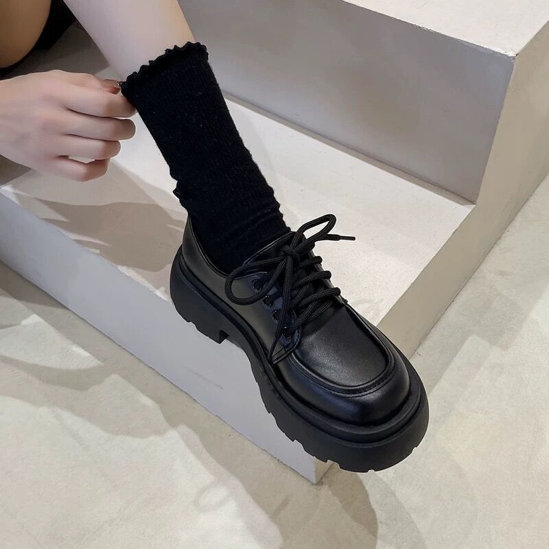 New Years Womens British-Style Chunky Sole Leather Shoes
