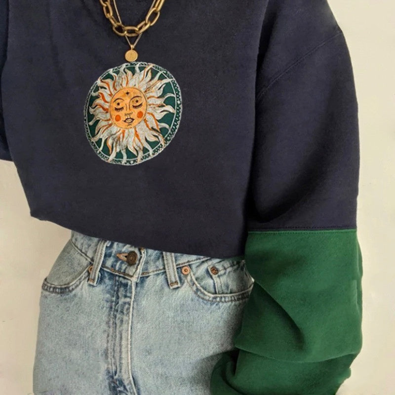 Retro marineblå strikket broderi-sweater uden hætte