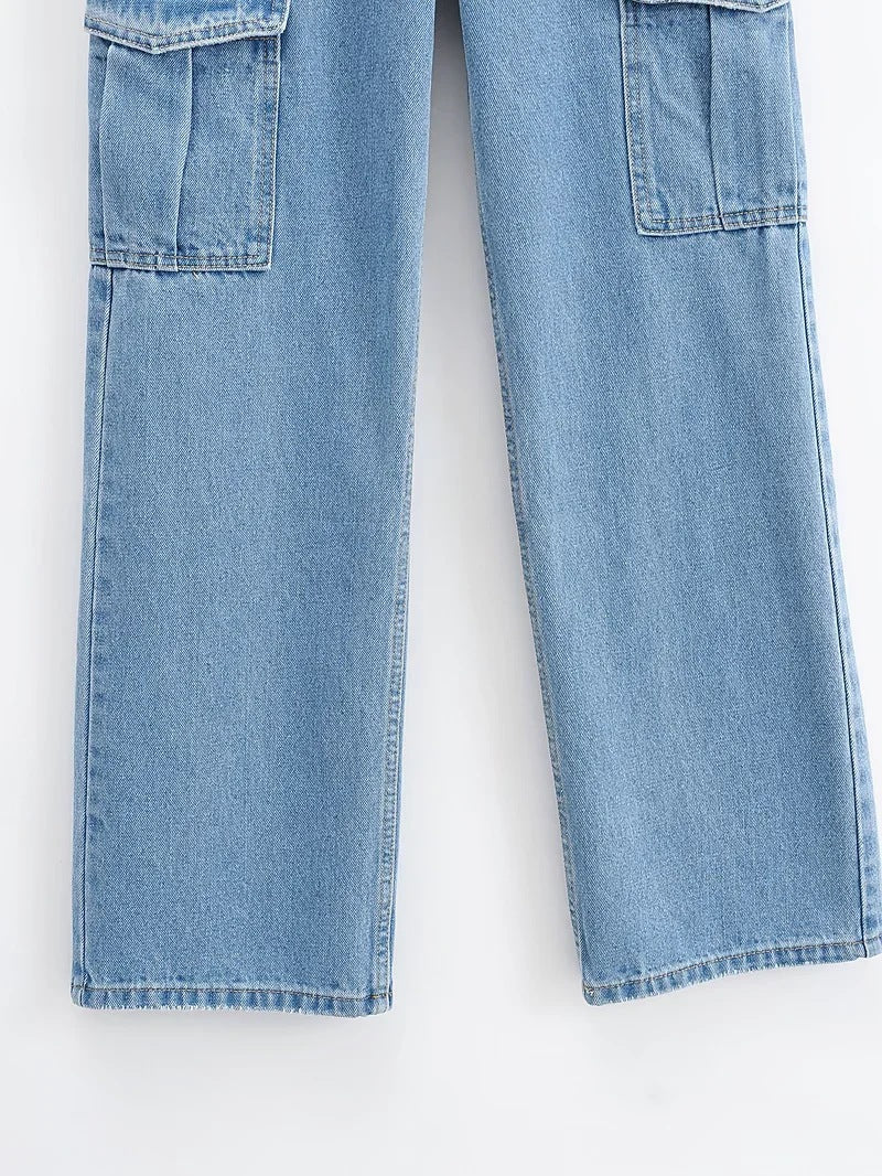 Vaskede Blå Bukser med Lommer Høj Talje Brede Ben Jeans Kvinder Casual Jeans