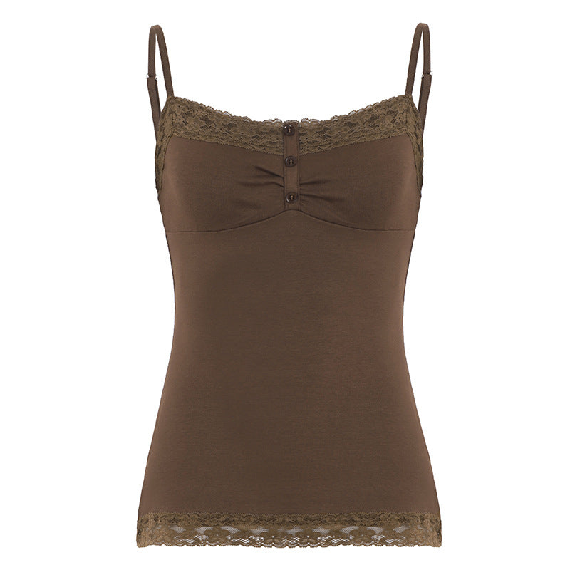 Lace-patchwork Buttoned Small V-neck Camisole