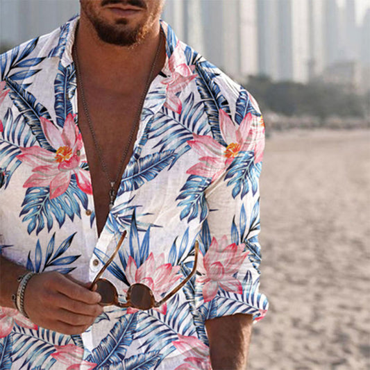 Skjorte med print til mænd, strandstil, lange ærmer