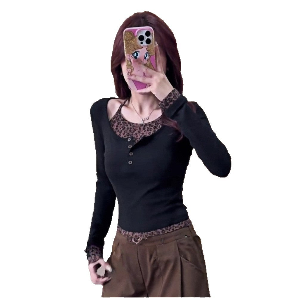 Dame Leopardprintet Patchwork Falsk Todelt Langærmet Top