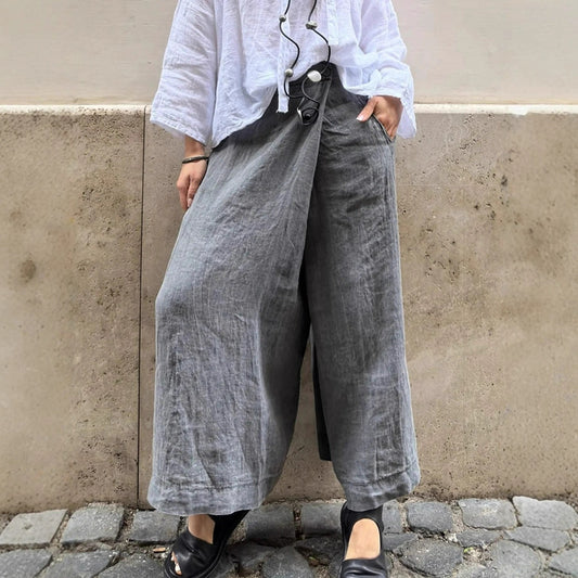 Cotton And Linen Loose Button Wide-leg Pants