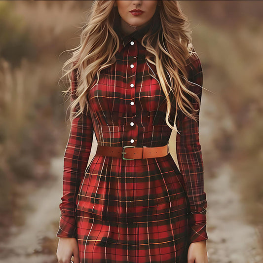 Womens Fashionable Retro Printed Plaid Dress