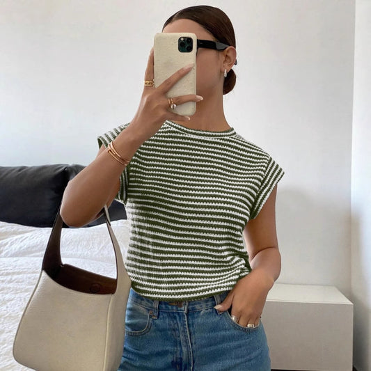 Womens New Summer Striped Crew-Neck Fashion Knit T-Shirt For Women