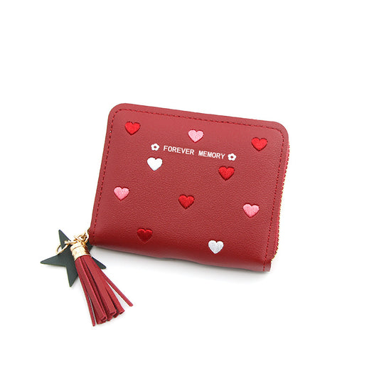 Embroidered Love Korean Women's Wallet Short Clutch Little Girl Coin Purse Women's Zipper Bag Card Holder Card Case