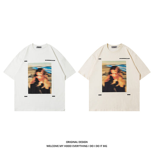 American Retro Portrait Printing Loose Plus Size Short Sleeve