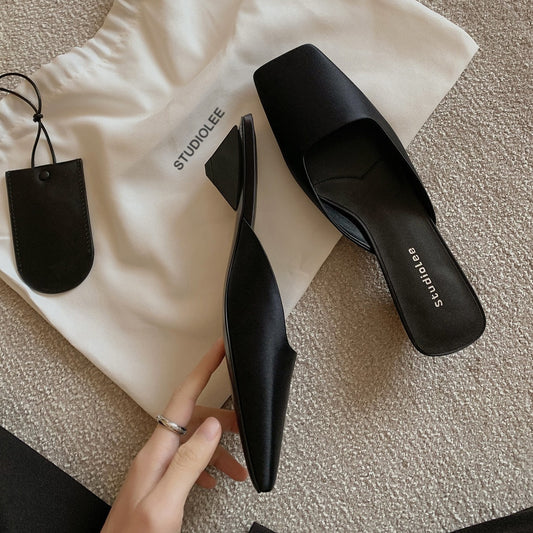 French Style Square Toe Low-cut Silk Satin Triangle Heel Muller Sandals
