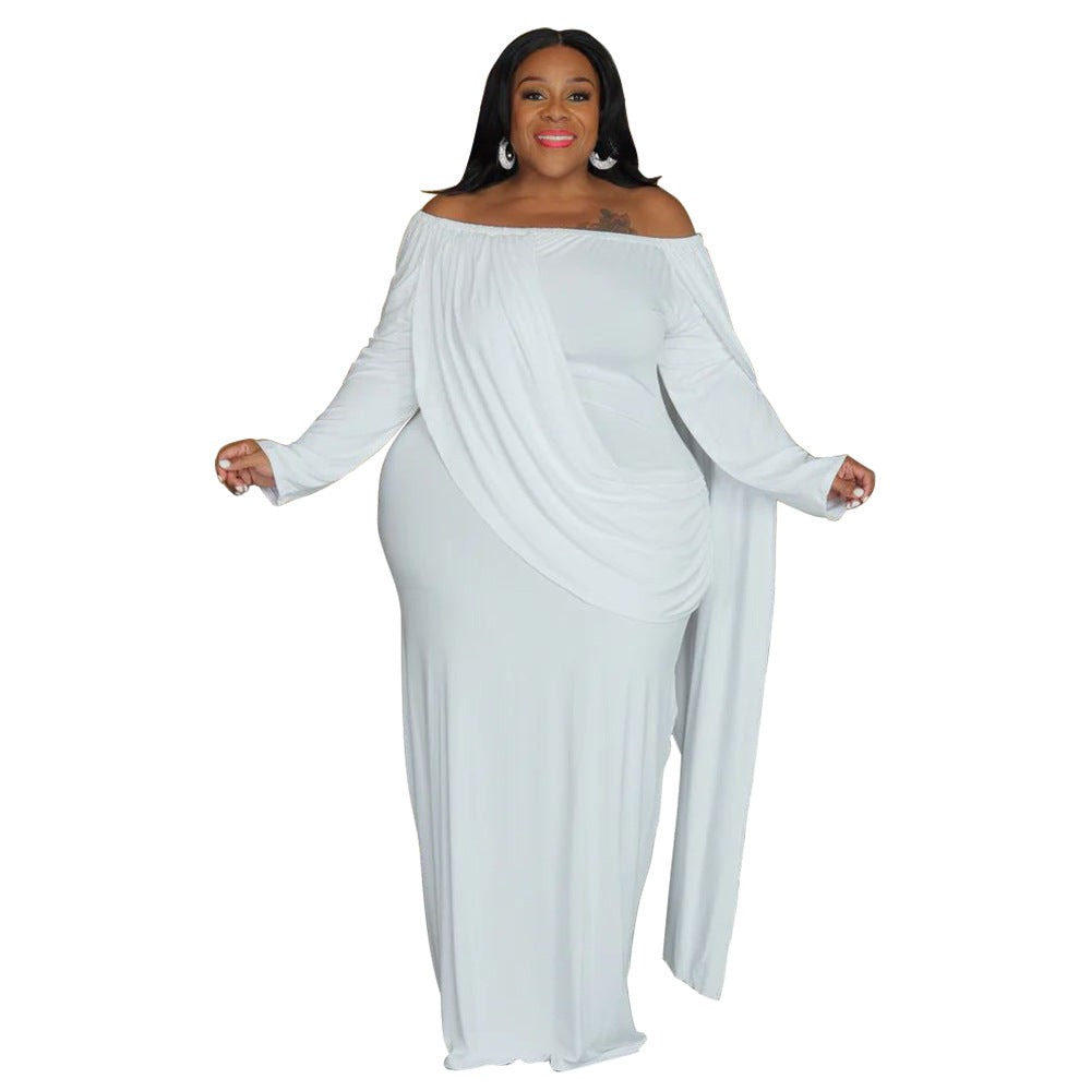 Womens Off-the-Shoulder Long-Sleeve Pleated Bodycon Plus-Size Dress