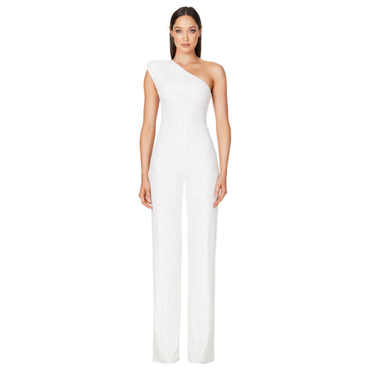 Sleeveless One-shoulder Fashion High Waist Design Sequined Jumpsuit