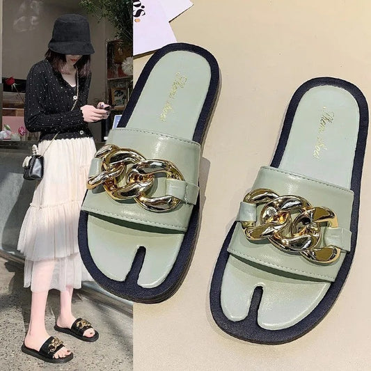 Casual One-word Female Drag Metal Chain Lazy Sandals