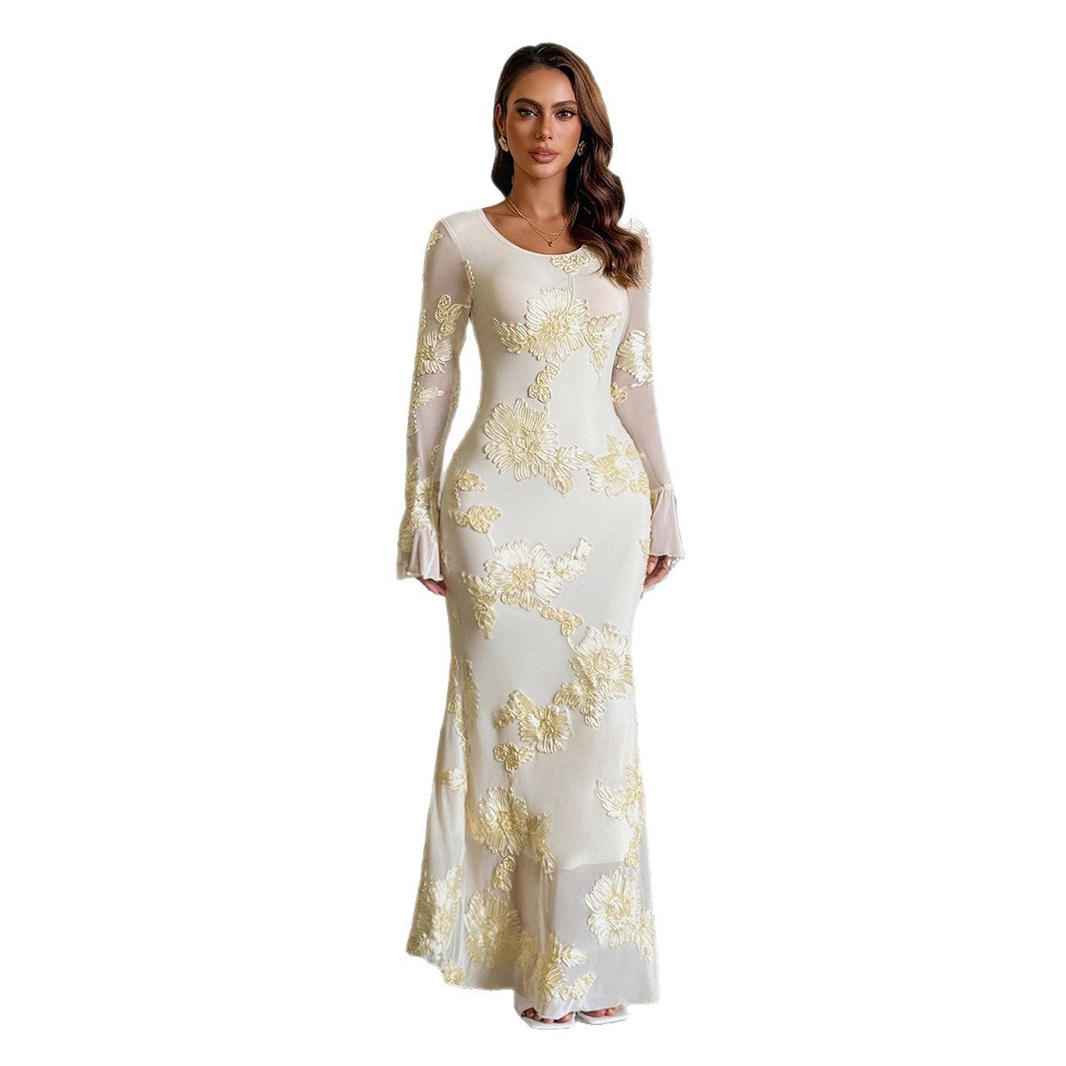 Elegant Flared-Sleeve Jacquard Slim-Fit Womens Dress