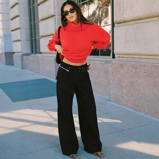 Buckle Waist Side Pocket Loose Jeans