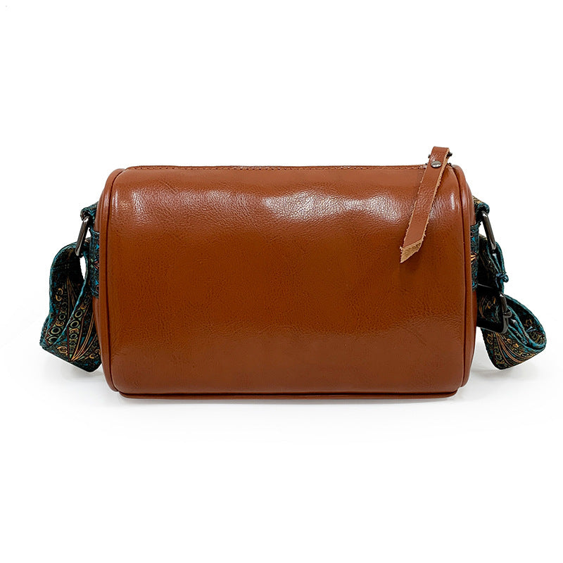 New Leather Oil Wax Cowhide Embroidered Wide Shoulder Pillow Bag
