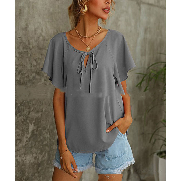 Women's Short Sleeve Fashion Solid Color V-Neck Shirt Top Women