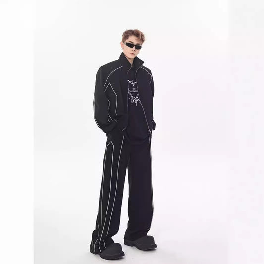 High-end Pu Shuai Casual Suit Loose Design Cardigan Stand Collar Jacket Wide Leg Pants Matching Two-piece Suit