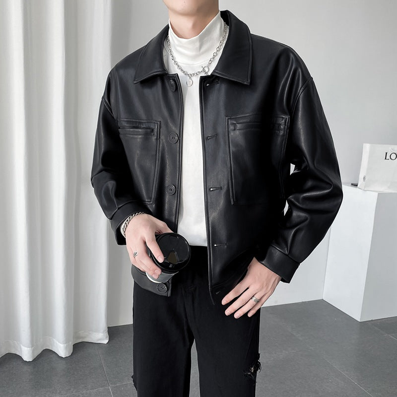 Efterår Retro Revers Kort Pu Læder Casual Jakke Mænds Koreansk-stil Niche Net Rød Løs Læderfrakke Flæse Flot Stilfuld