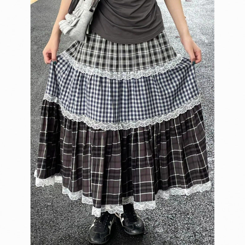 Plaid Lace-Patched Cake-Style Checkered Midi Skirt For Women