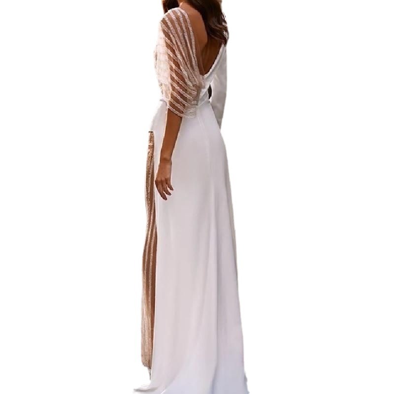 Women's V-neck Patchwork Lace Irregular Solid Color Jumpsuit