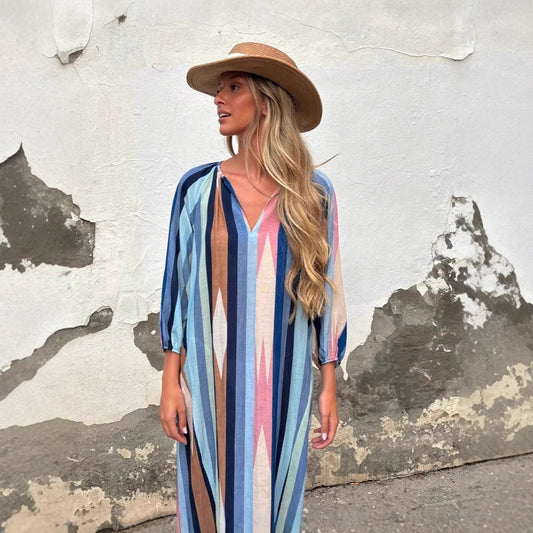 Fashionable Printed Cropped Sleeve Loose Dress