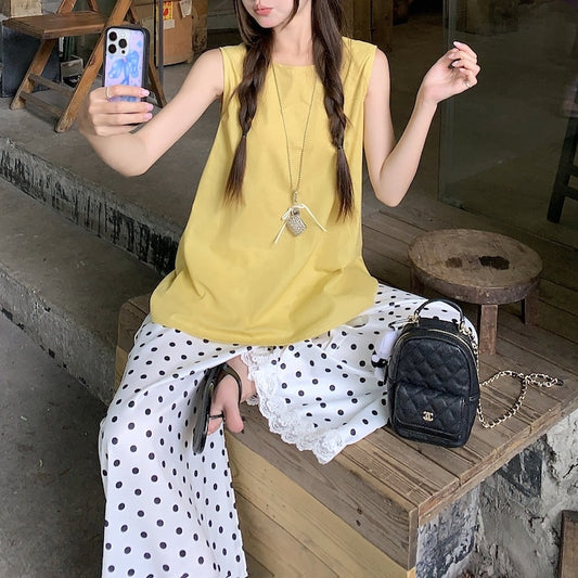 Back-tie Tank Top And Polka-dot Wide-leg Pants Two-piece Set For Women, Perfect For Summer