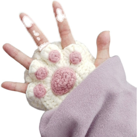 Cat's Paw Gloves Handmade Wool Woven Half Finger Finished Cute Warm Winter Gift For Girlfriend