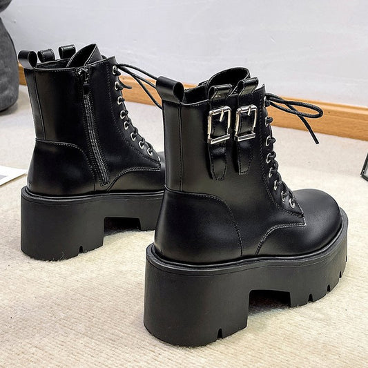 Women's British Style Lace-up Leather Motorcycle Martin Boots