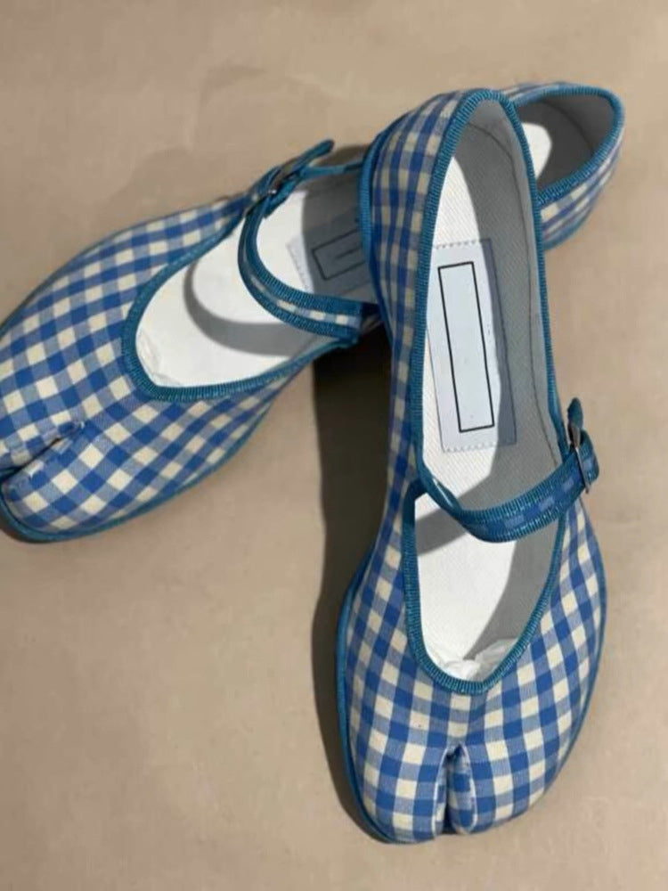 Korean Style Plaid Split Toe Ballet Flat Bottom Pumps