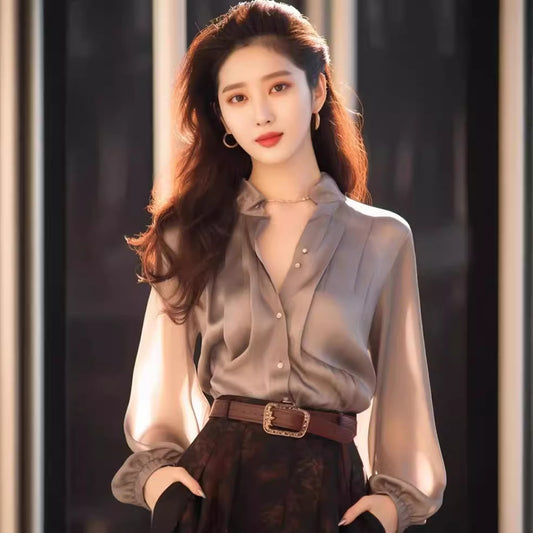 Chic And Beautiful Small Top Gray Shirt Women