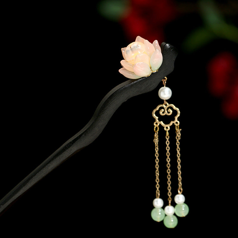 Chinese Luminous Lotus Tassel Hair Clasp Blackwood Niche Updo Hair Clasp Hanfu Hairpin