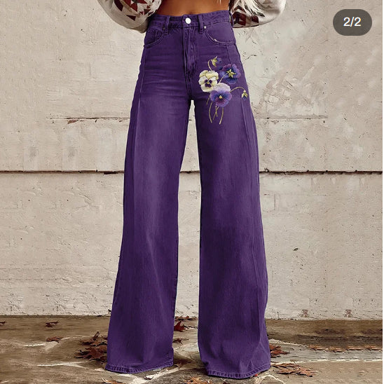 Women's Vintage Purple Floral Print Casual Wide Leg Jeans