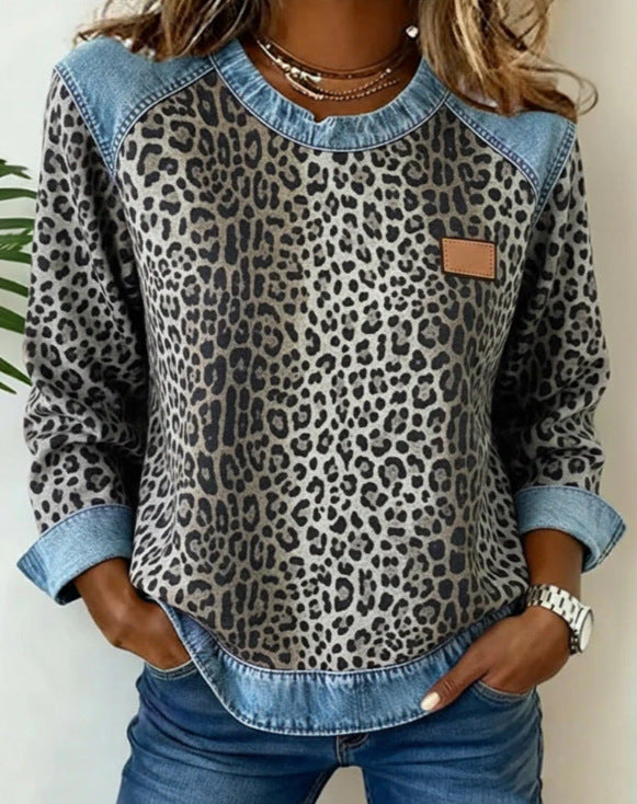 Womens Retro Crew-Neck Long-Sleeve Sweatshirt Top