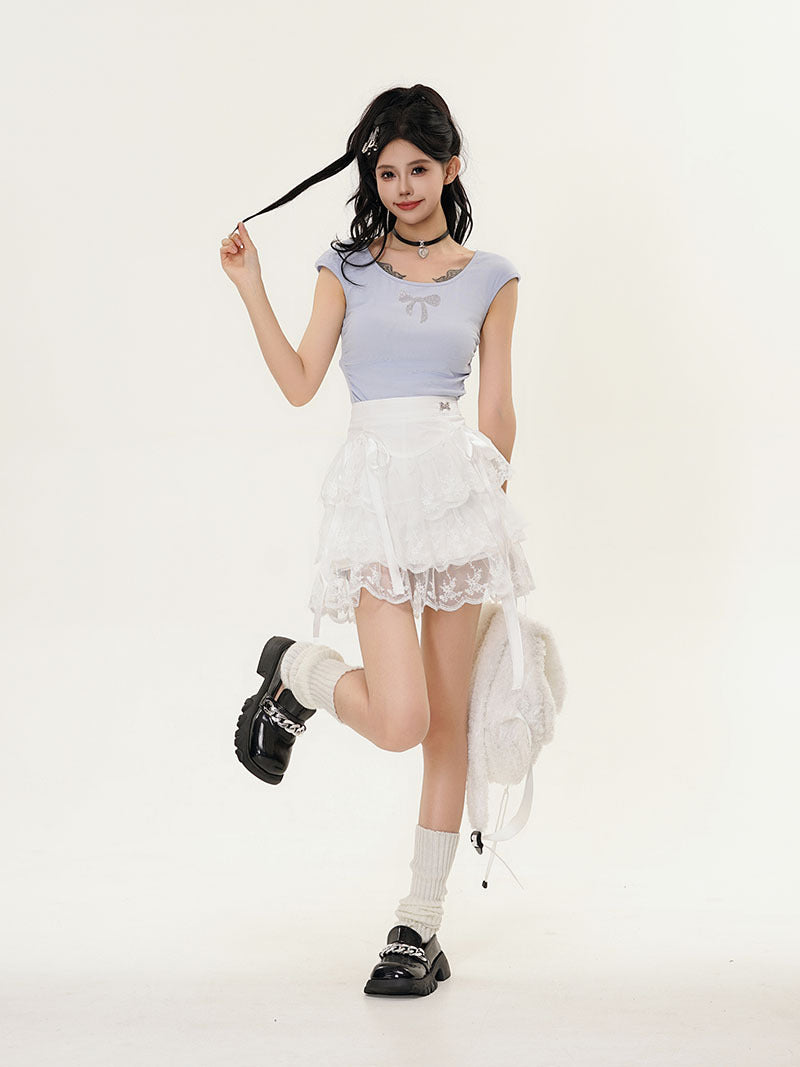 French Retro White Sweet Lace Pleated Skirt