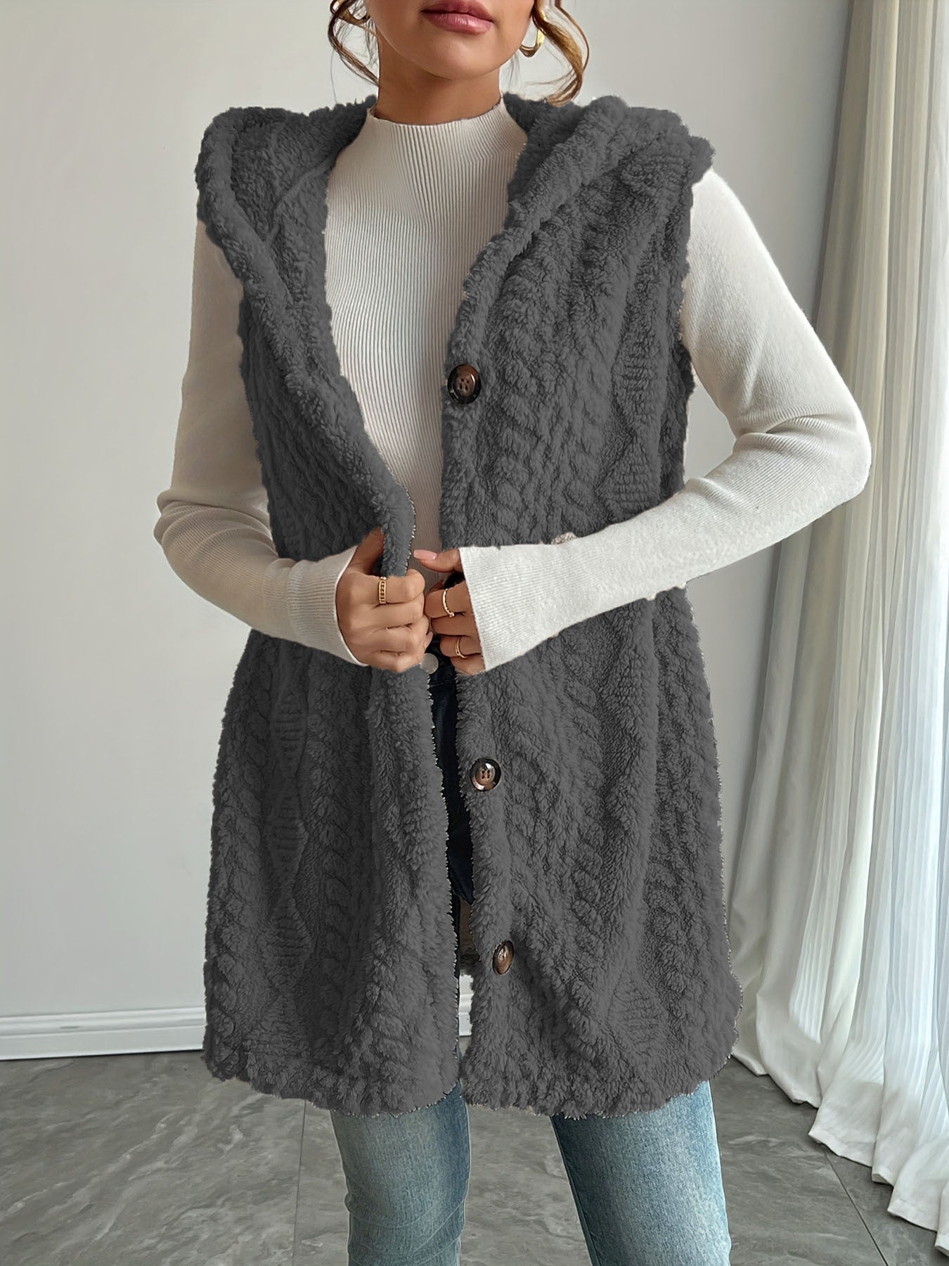 Solid Color Double-sided Plush Hooded Button Cardigan Casual Women Autumn And Winter Vest