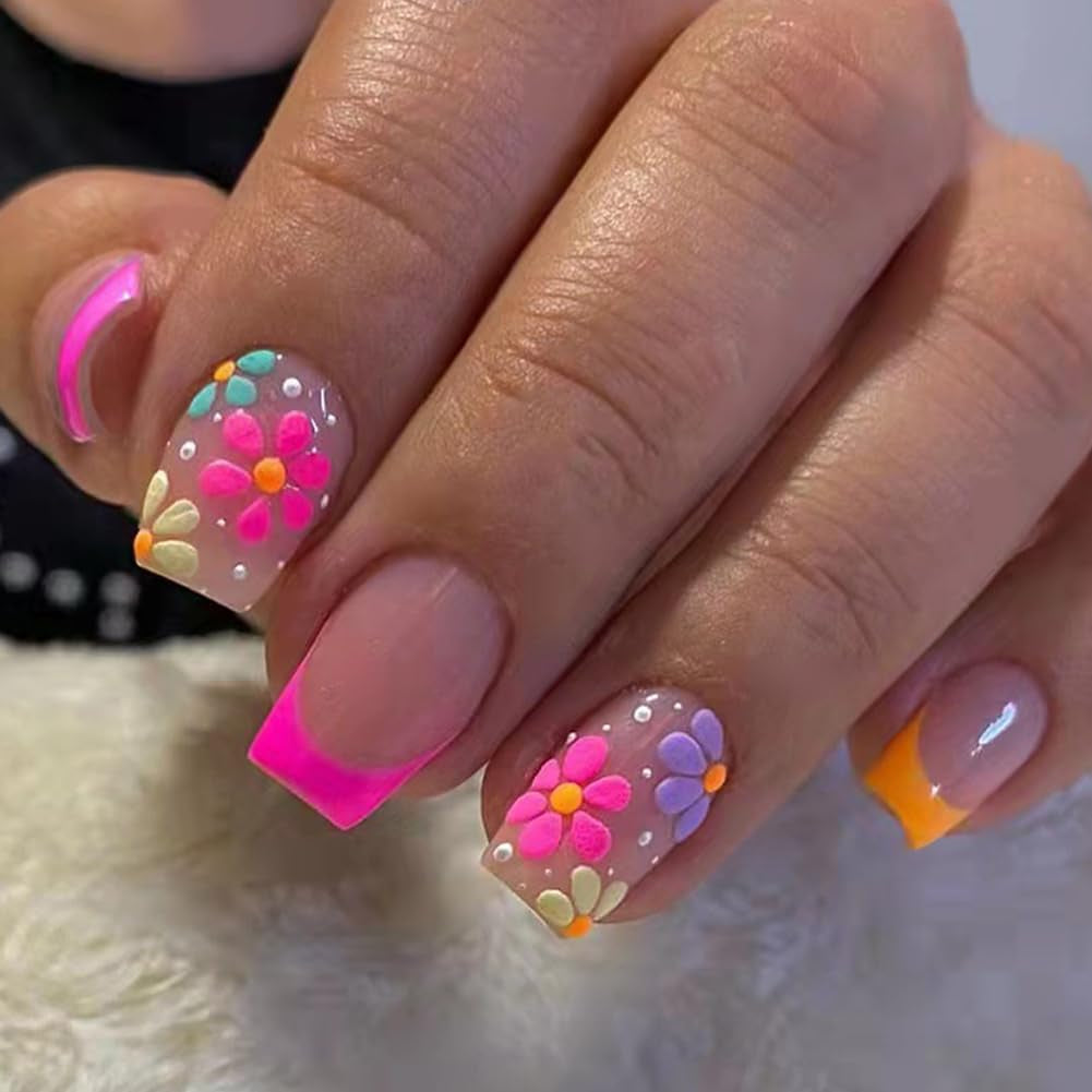 Almond Press on Nails Short round Fake Nails Chrome Glossy False Nails with Glitte Powder Press Ons Designs Acrylic Nails Press on Artificial Nails Stick on Nails for Women Girls 24Pcs