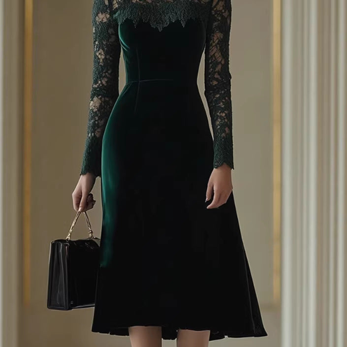 Vintage Velvet Stitched Lace High-Neck Long-Sleeve Midi Dress