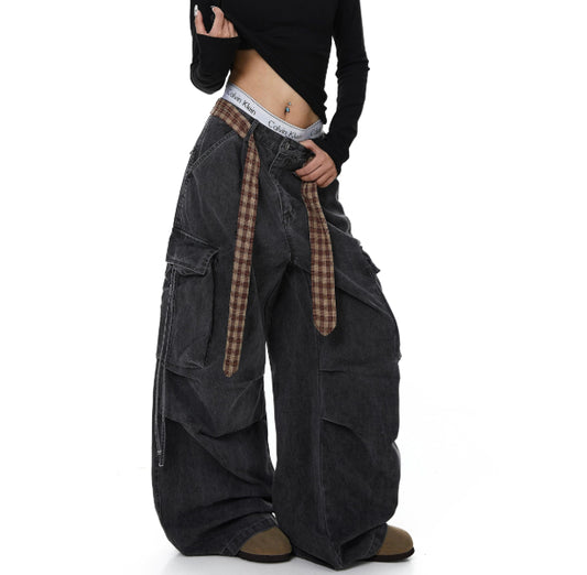 Womens Plaid Belted Stacked Distressed Straight-Leg Wide-Leg Pants