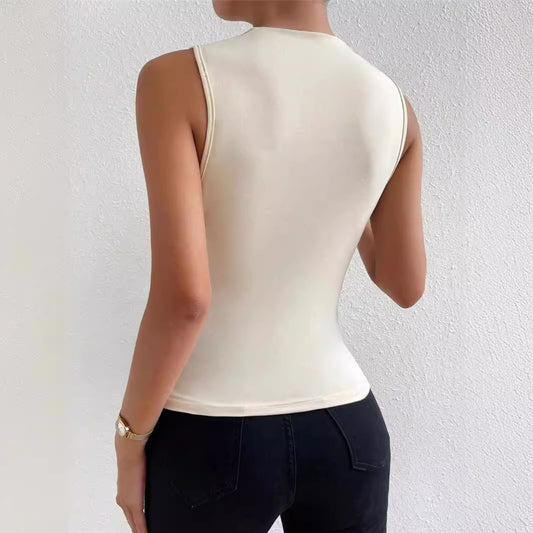 Fashionable All-match Solid Color Pleated Sleeveless Pullover Half Turtleneck T-shirt