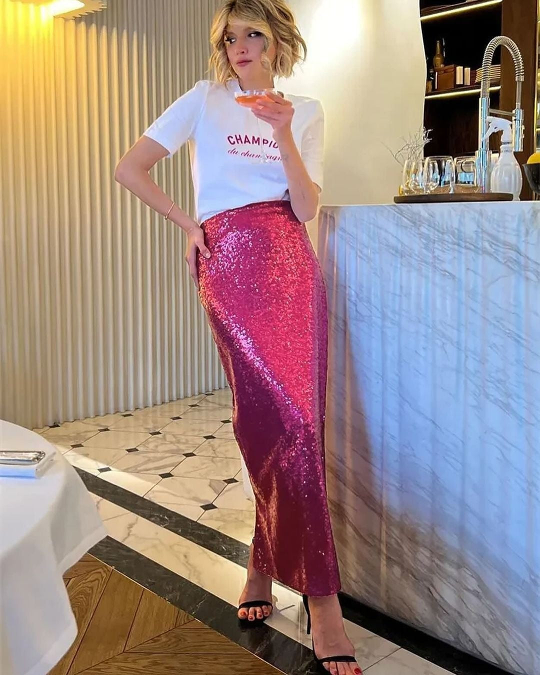 High Waist Sequined Straight Skirt